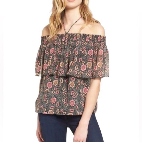 Rebecca Minkoff Ghiradelle Off Shoulder Ruffled‎ Top Small Floral Black halter - Picture 1 of 11